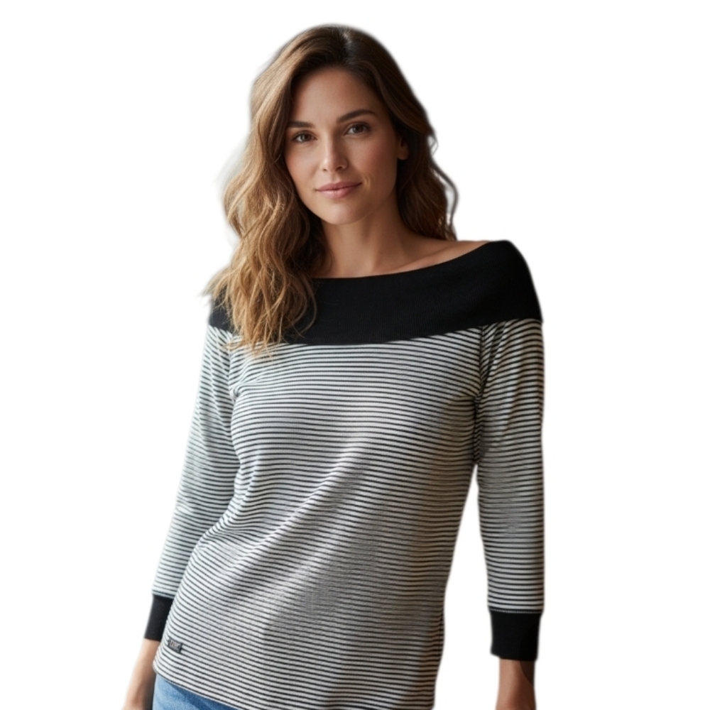 LRL Black Cream Striped Cowl Neck Off Shoulder Cotton Light Sweater women's L